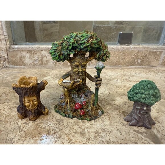 Whimsical Tree-Themed Figurine Set of 3 Featuring Reading Tree Tree Stump Candle - Picture 1 of 10